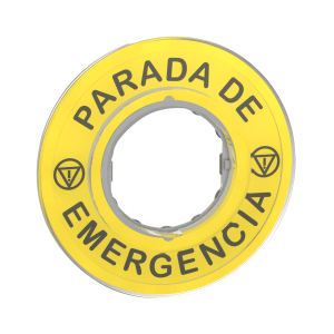 ZBY9420 - Harmony XB4, Legend, plastic, yellow, Ø90, for emergency stop, marked PARADA DE EMERGENCIA with logo ISO13851 Schneider Electric